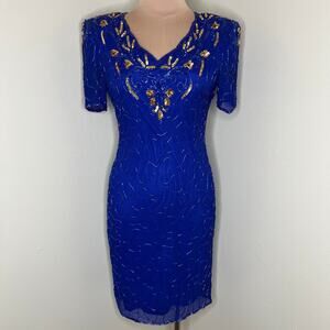 VTG Silky Nites New York Sheath Dress SMALL Blue Sequin Beaded Silk Party 90s